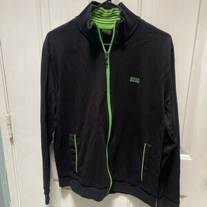 Boss Men's Black Jacket with Vibrant Green Details